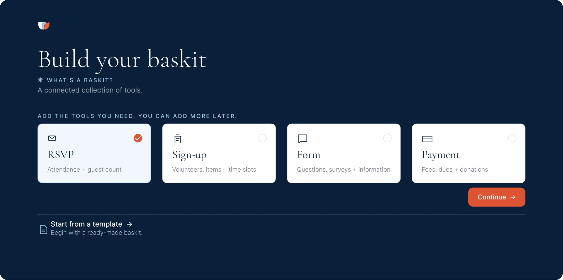 Build your baskit: choose RSVP, Sign-up, Form or Payment